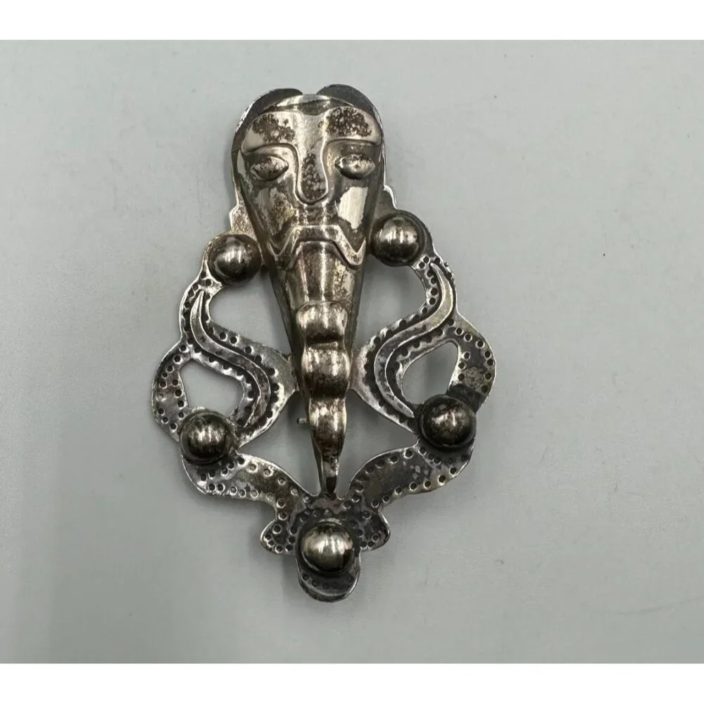 Vintage Mask Brooch Sterling Silver Tribal Face Figural Abstract Ethnic Artisan